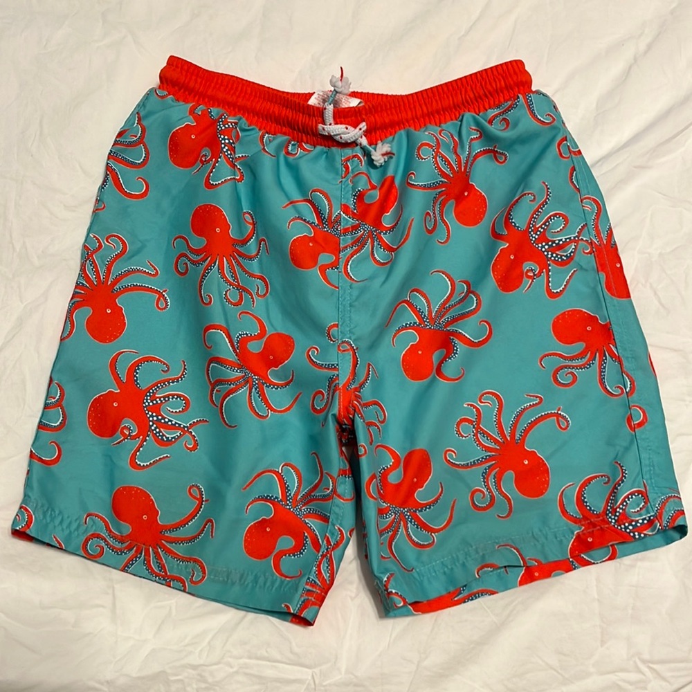 Mini Boden swim trunks, size 9-10Y, teal/red-orange octopus design